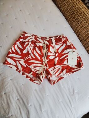 April Kiss Red Tropical Print Drawstring Shorts